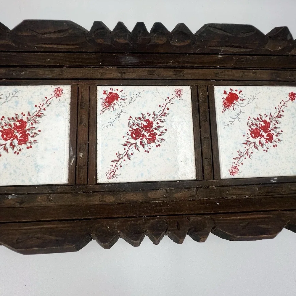 Vintage Hand Carved Mexican Folk Art Wood Serving Tray Ceramic Tiles 20 x 9 in
